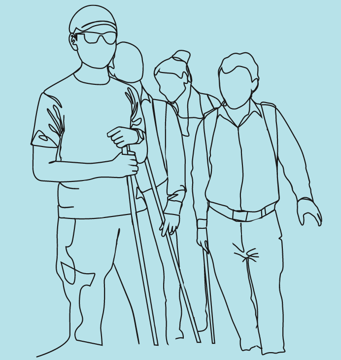 Line art of a group of people hiking