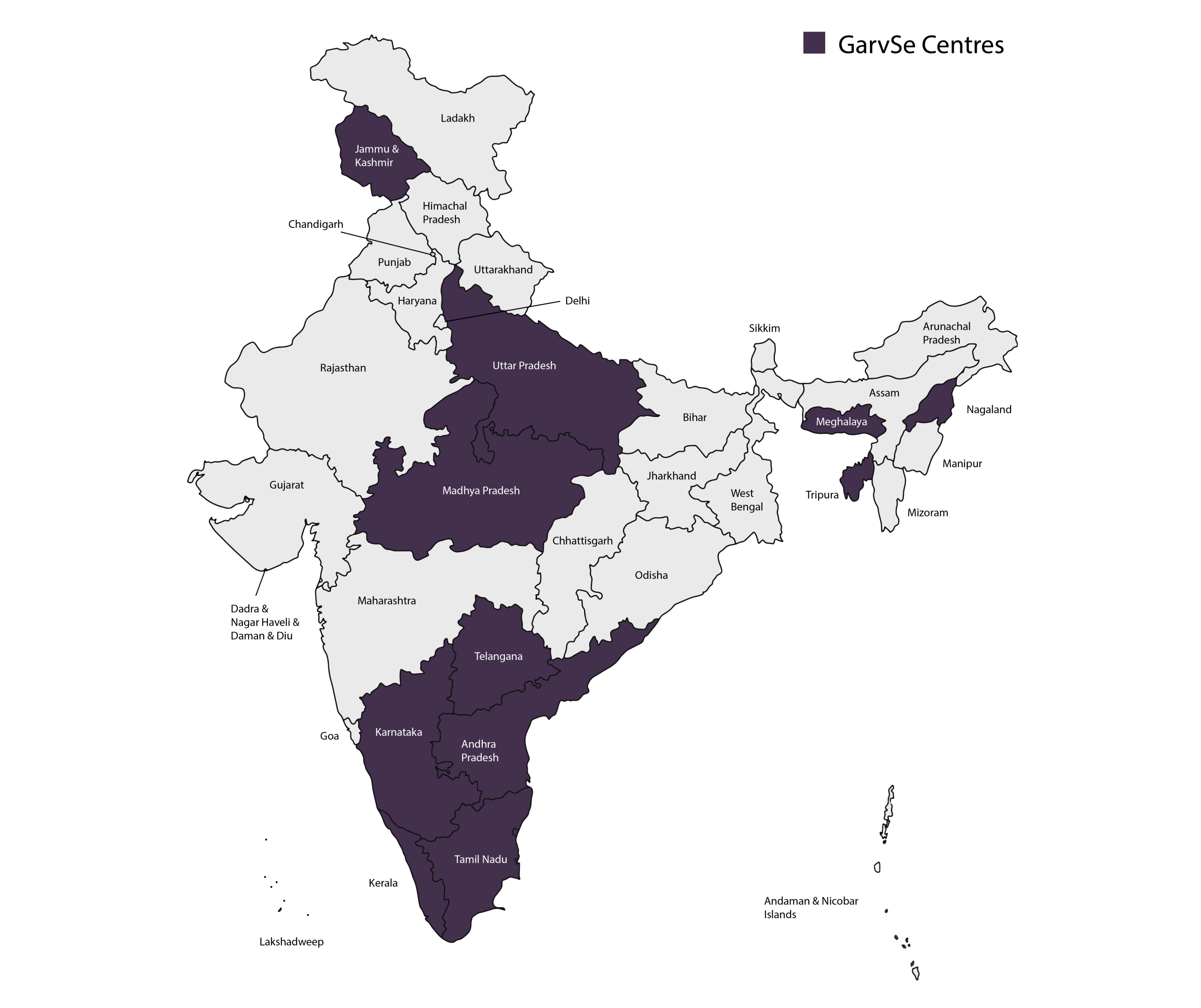 A map of India showing selected states highlighted in dark purple to indicate areas of program activity.