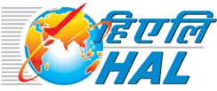 Logo for HAL (Hindustan Aeronautics Limited) with a globe and a checkmark graphic.
