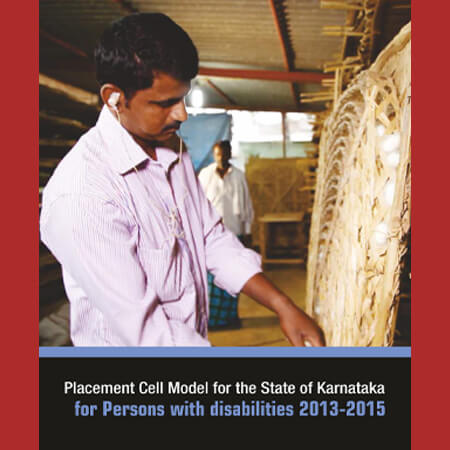 Man with earphones working in a silk industry setting, overlayed with text about the Karnataka Placement Cell Model for PwD.