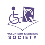 Logo for Voluntary Medicare Society, showing icons for a person in a wheelchair and a crossed-out ear, representing disability services.