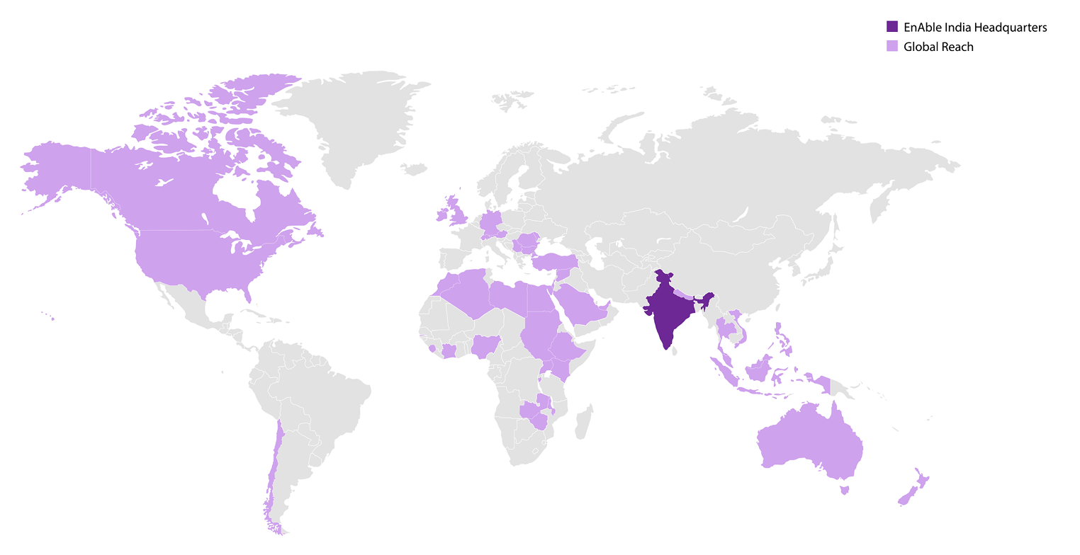 A world map showing EnAble India Headquarters in India and its global reach across other continents.