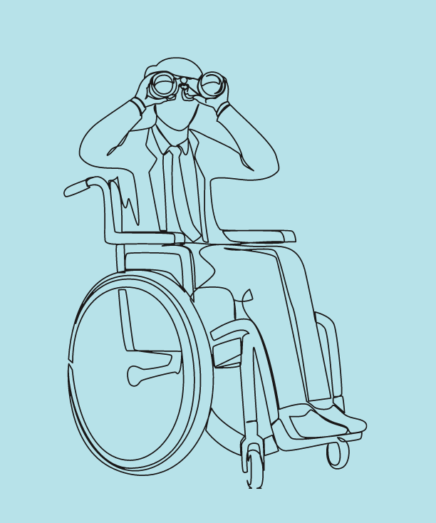 Line art of a person in a wheelchair looking through binoculars.