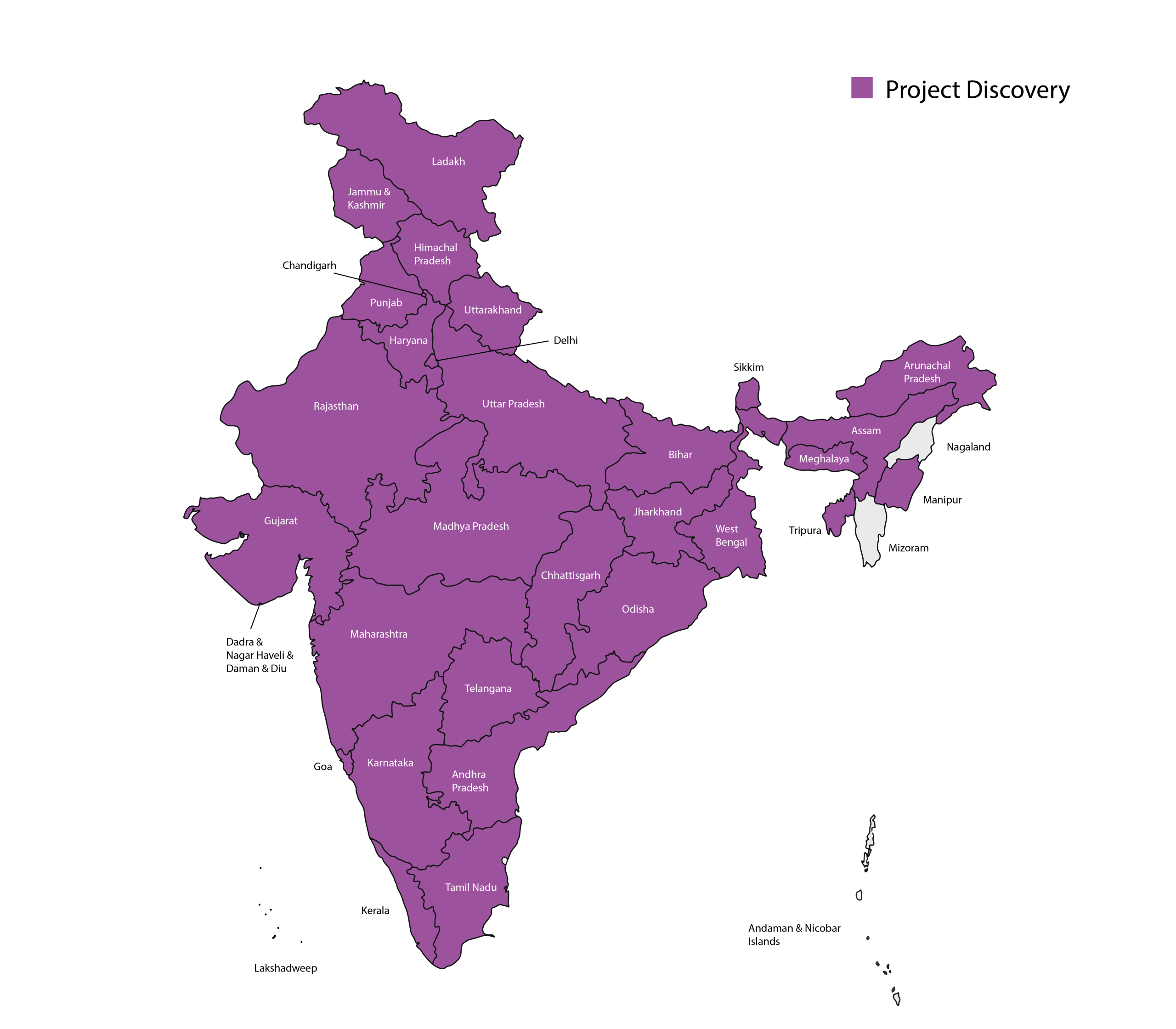 A map of India with all states highlighted in purple, representing project coverage across the country.