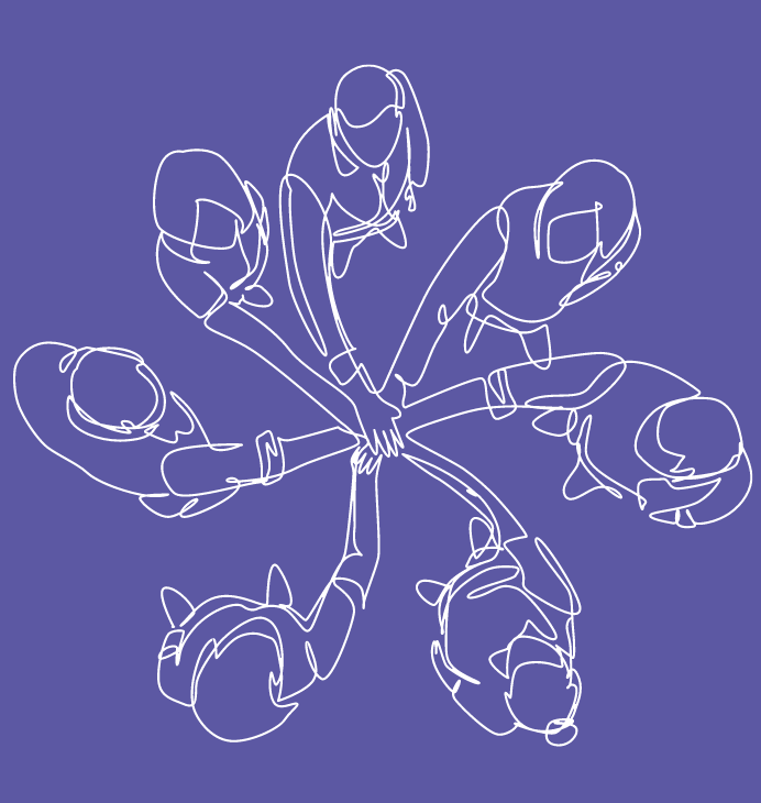 Line art of seven people in a huddle with their hands in the center.