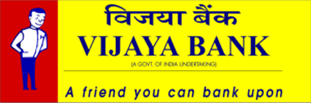 Logo for Vijaya Bank with a cartoon mascot and the slogan 'A friend you can bank upon'.