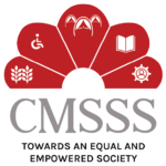 Logo for CMSSS, featuring a red fan-shaped design with icons representing agriculture, disability, education, and social work.