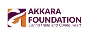 Logo for AKKARA FOUNDATION, showing a stylized abstract 'A' symbol and the tagline "Caring Hand and Curing Heart."