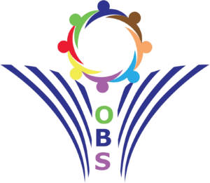 Logo for OBS, showing colorful figures holding hands in a circle above a purple, stylized graphic.