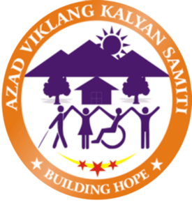 Logo for Azad Viklang Kalyan Samiti, showing diverse people holding hands below a house, mountains, and sun.