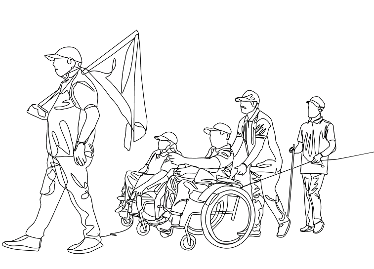 A continuous-line drawing of a group of people, including individuals in wheelchairs, moving forward together.